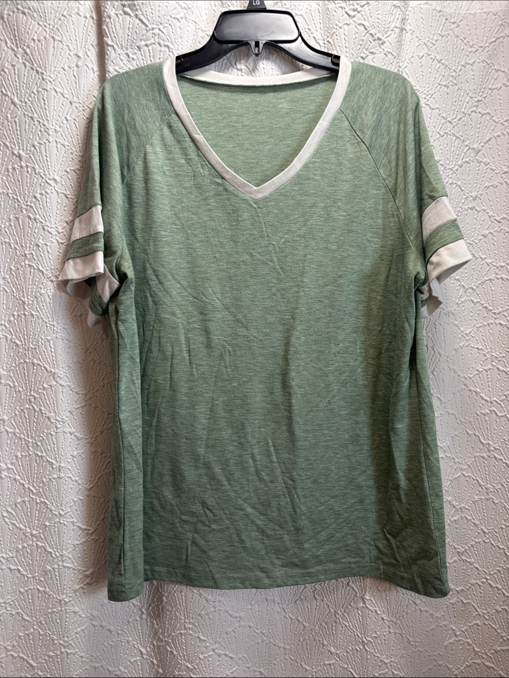 LG Light Green V-Neck Tee with White Trim